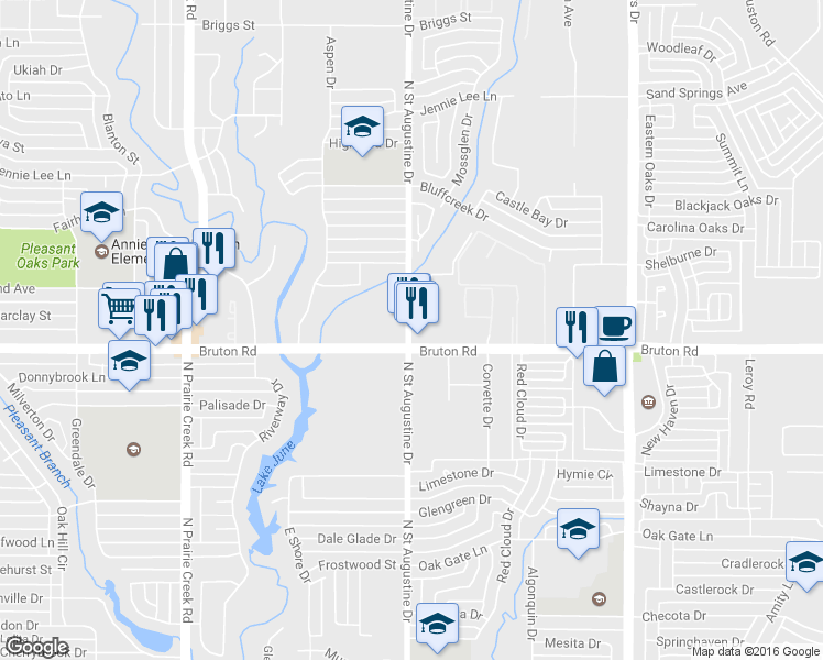 map of restaurants, bars, coffee shops, grocery stores, and more near 2181 North Saint Augustine Road in Dallas