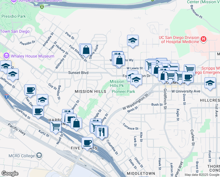 map of restaurants, bars, coffee shops, grocery stores, and more near 1750 Washington Place in San Diego