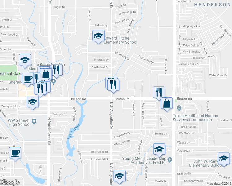 map of restaurants, bars, coffee shops, grocery stores, and more near 2120 N St Augustine Rd in Dallas