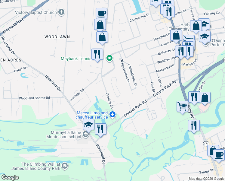 map of restaurants, bars, coffee shops, grocery stores, and more near 1868 Fleming Woods Road in Charleston