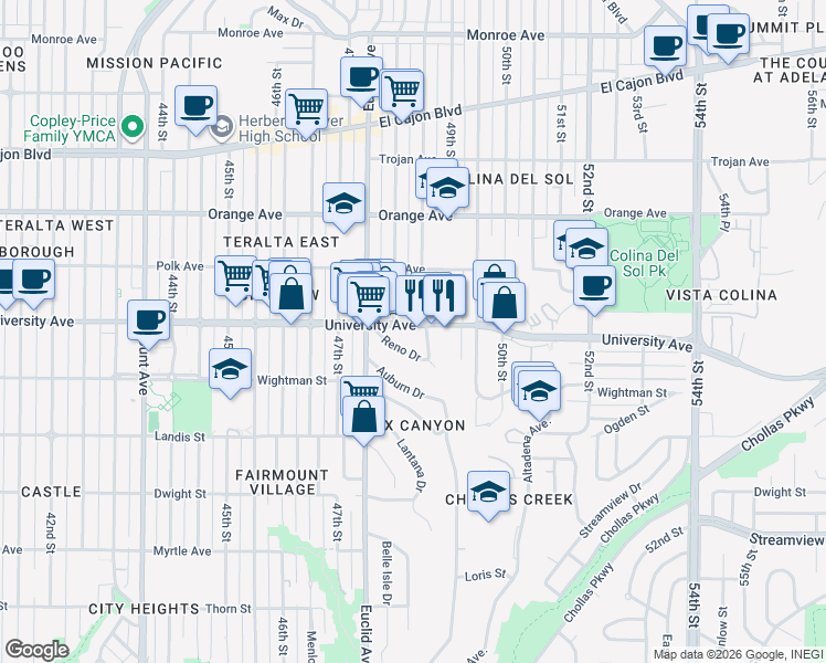 map of restaurants, bars, coffee shops, grocery stores, and more near 4879 University Avenue in San Diego