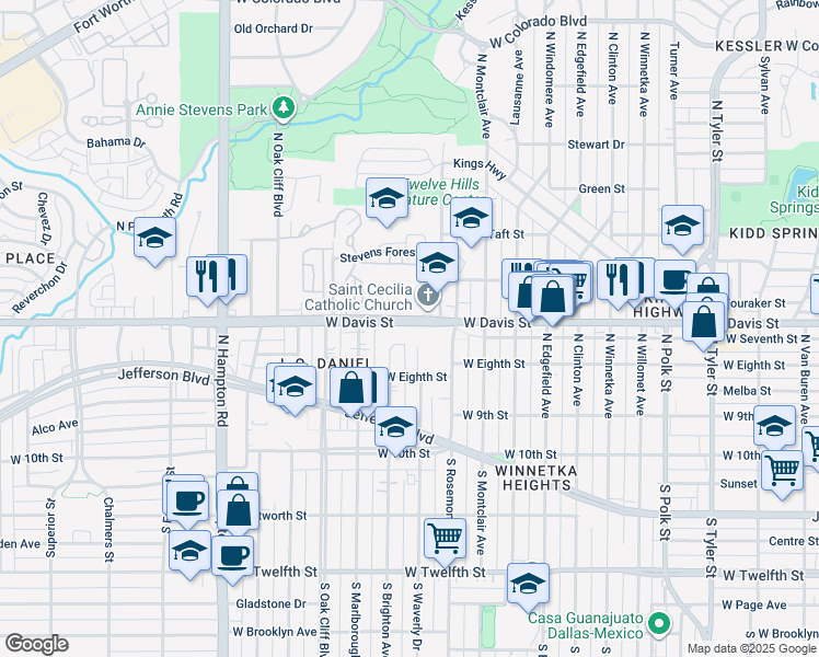 map of restaurants, bars, coffee shops, grocery stores, and more near 1836 West Davis Street in Dallas
