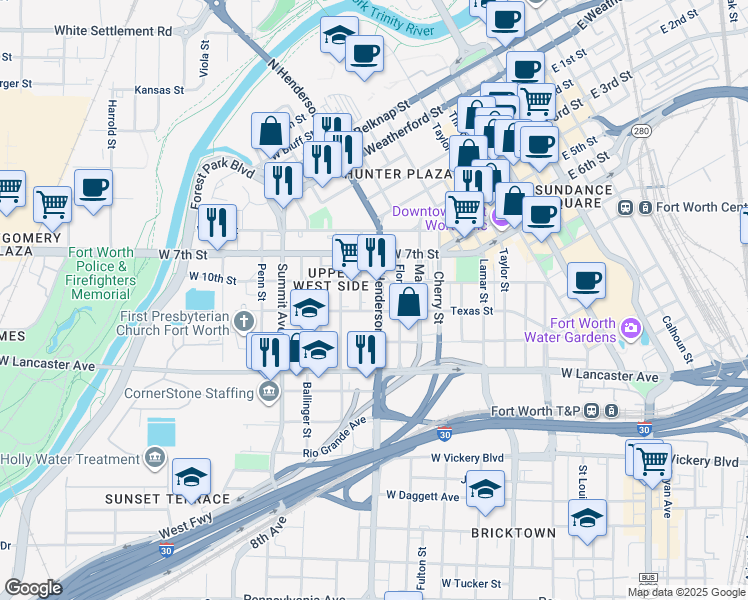 map of restaurants, bars, coffee shops, grocery stores, and more near 950 Henderson Street in Fort Worth