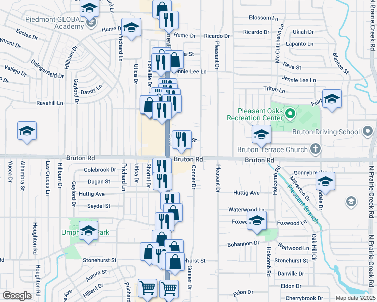 map of restaurants, bars, coffee shops, grocery stores, and more near 8145 Bruton Road in Dallas