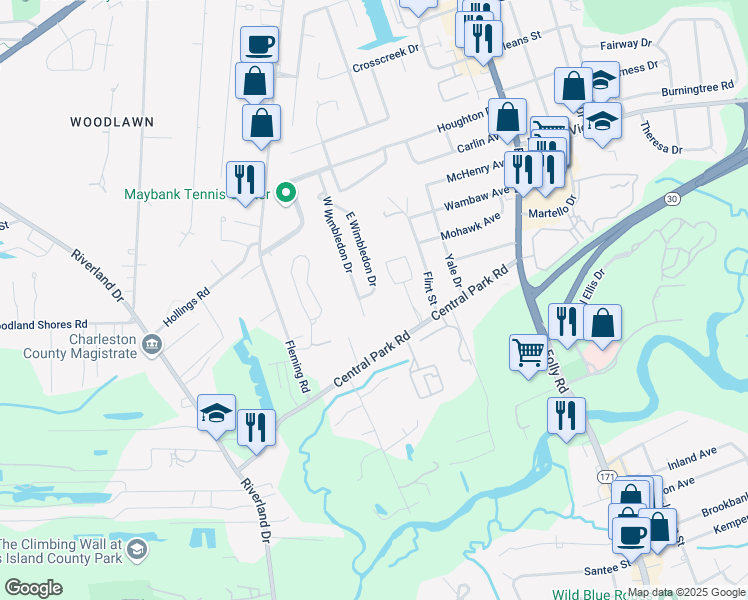 map of restaurants, bars, coffee shops, grocery stores, and more near 528 East Wimbledon Drive in Charleston