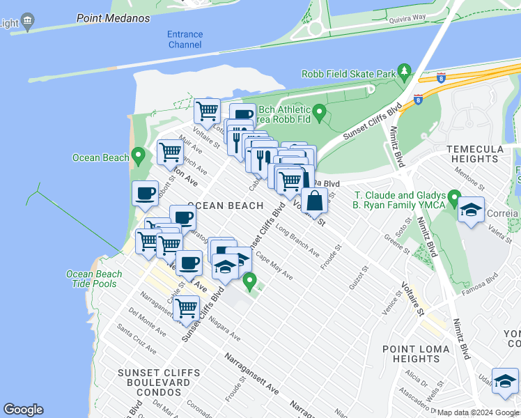 map of restaurants, bars, coffee shops, grocery stores, and more near 4844 Long Branch Avenue in San Diego
