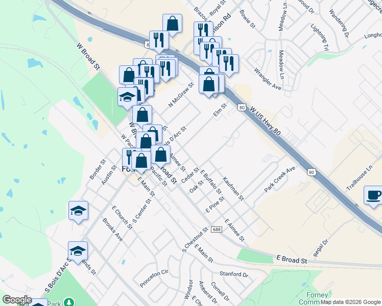 map of restaurants, bars, coffee shops, grocery stores, and more near 207 East Buffalo Street in Forney