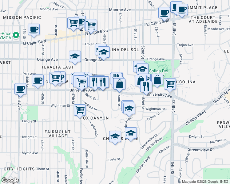 map of restaurants, bars, coffee shops, grocery stores, and more near 4015 50th Street in San Diego