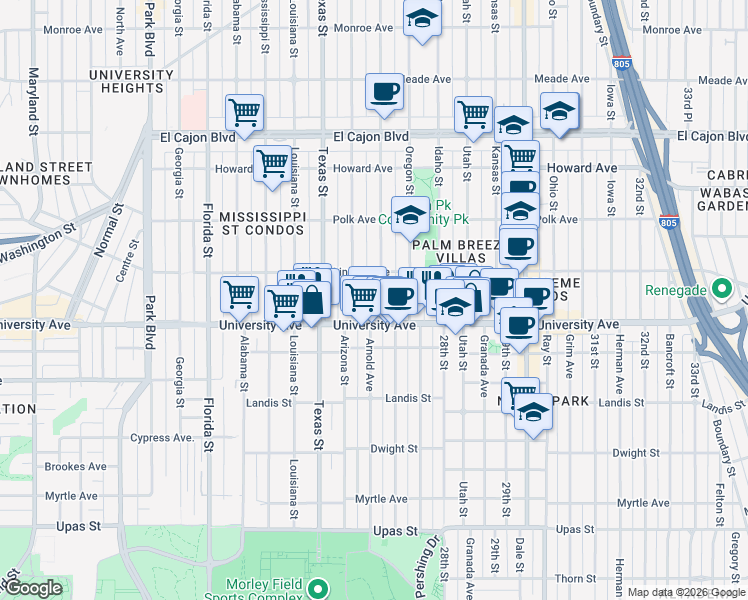 map of restaurants, bars, coffee shops, grocery stores, and more near 3942 Hamilton Street in San Diego