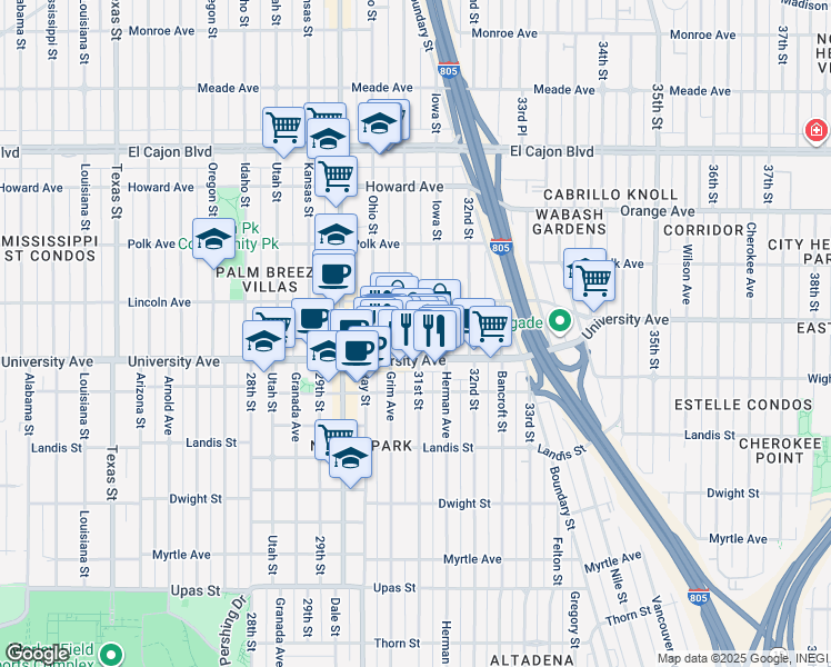 map of restaurants, bars, coffee shops, grocery stores, and more near 3939 Illinois Street in San Diego