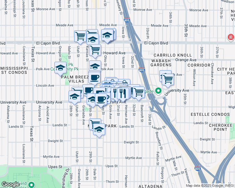 map of restaurants, bars, coffee shops, grocery stores, and more near 3939 Illinois Street in San Diego
