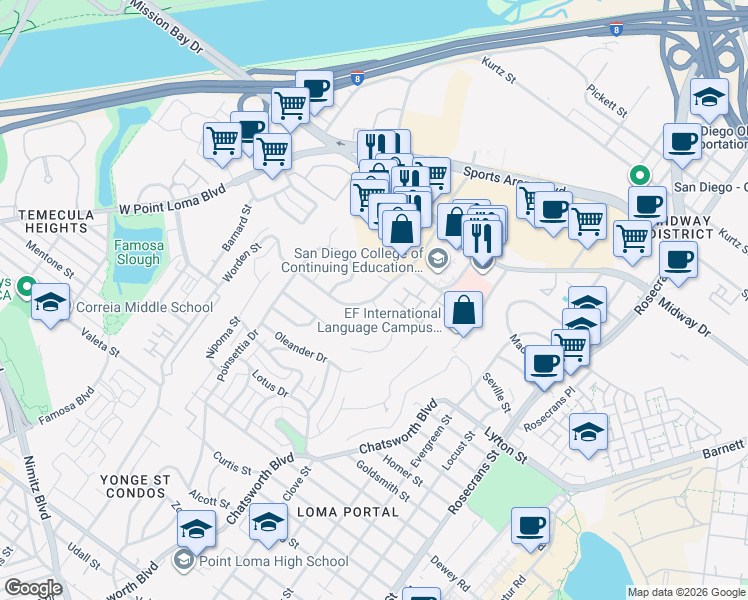 map of restaurants, bars, coffee shops, grocery stores, and more near Kemper St & Leland St in San Diego