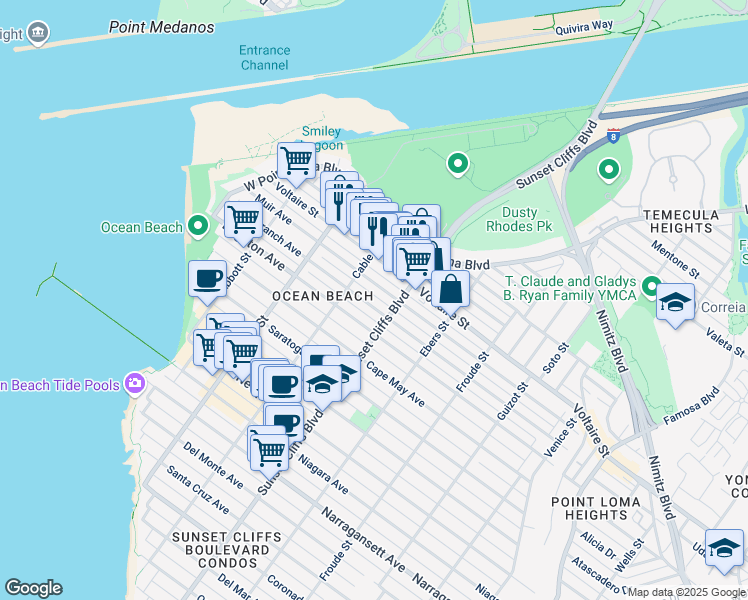 map of restaurants, bars, coffee shops, grocery stores, and more near 4844 Long Branch Avenue in San Diego