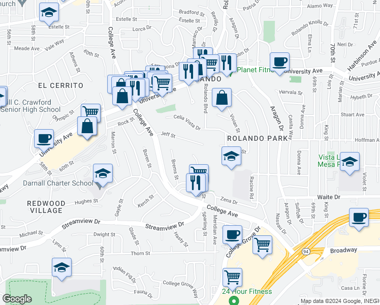 map of restaurants, bars, coffee shops, grocery stores, and more near 3880 Billman Street in San Diego