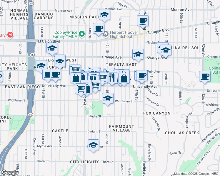 map of restaurants, bars, coffee shops, grocery stores, and more near 4521 University Avenue in San Diego