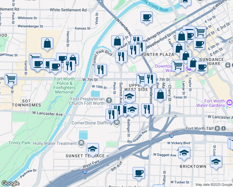 map of restaurants, bars, coffee shops, grocery stores, and more near 905 Penn Street in Fort Worth