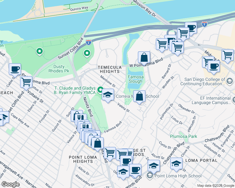 map of restaurants, bars, coffee shops, grocery stores, and more near 2611 Camulos Street in San Diego