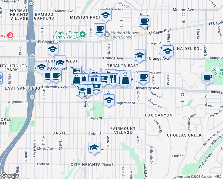 map of restaurants, bars, coffee shops, grocery stores, and more near 4503 University Avenue in San Diego