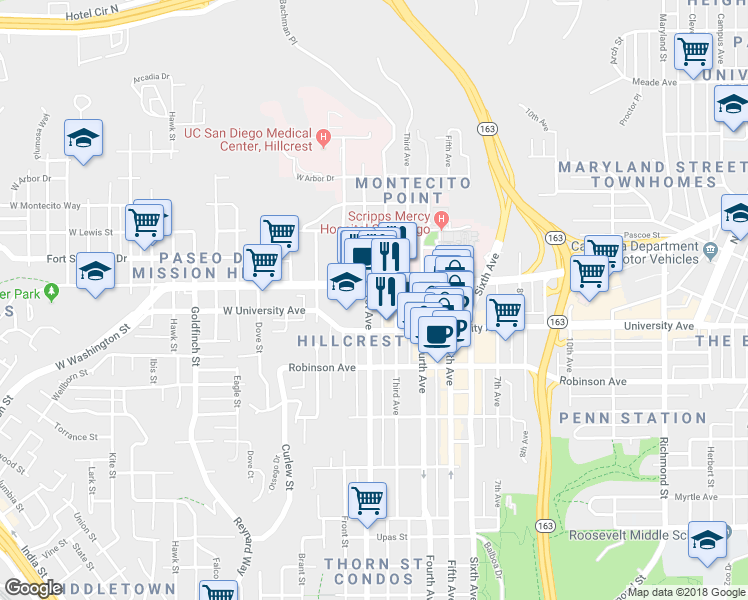 map of restaurants, bars, coffee shops, grocery stores, and more near 3955 1st Avenue in San Diego