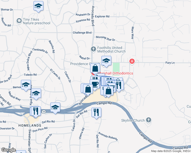 map of restaurants, bars, coffee shops, grocery stores, and more near 3855 Avocado Boulevard in La Mesa