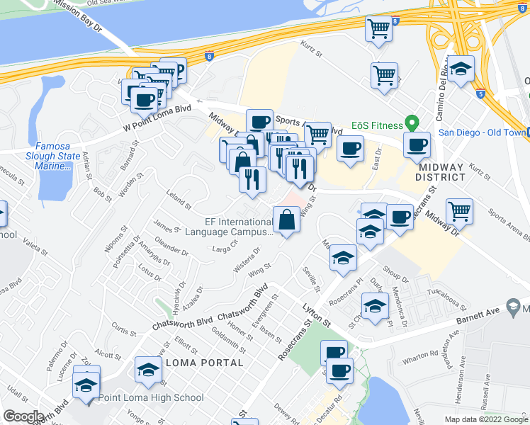 map of restaurants, bars, coffee shops, grocery stores, and more near 3178 Cabrillo Bay Lane in San Diego