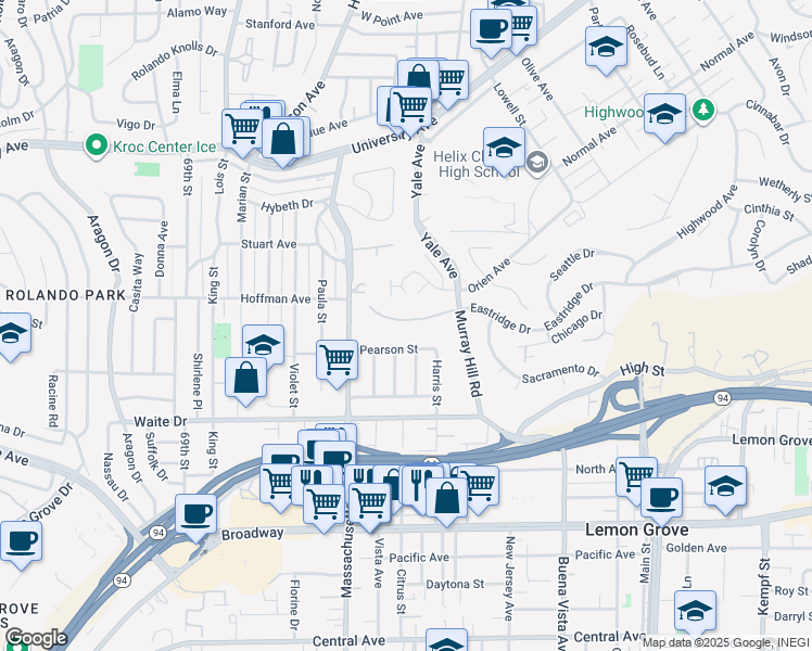map of restaurants, bars, coffee shops, grocery stores, and more near 3884 Murray Hill Road in La Mesa