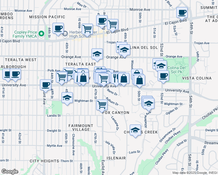 map of restaurants, bars, coffee shops, grocery stores, and more near 4771 University Avenue in San Diego