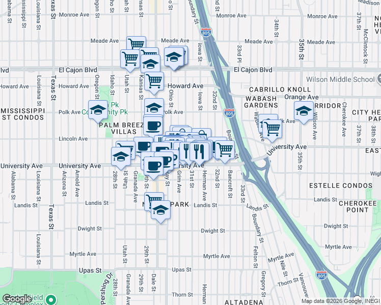 map of restaurants, bars, coffee shops, grocery stores, and more near 3939 Illinois Street in San Diego