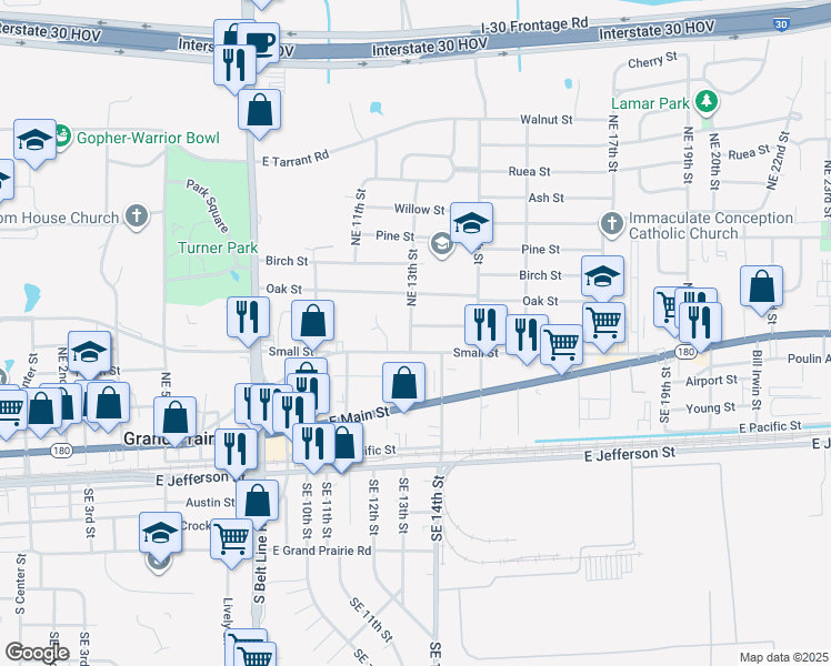 map of restaurants, bars, coffee shops, grocery stores, and more near 1301 Hickory St in Grand Prairie