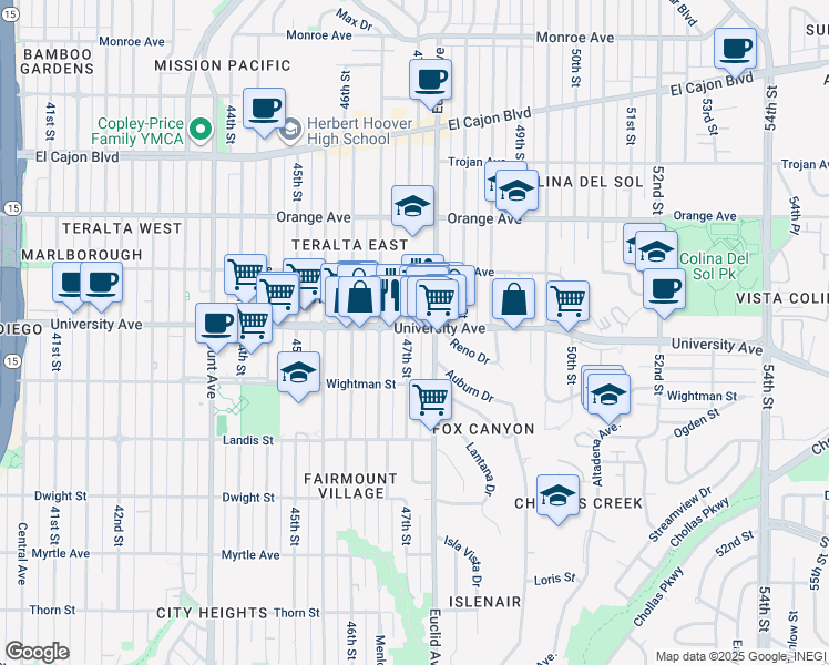 map of restaurants, bars, coffee shops, grocery stores, and more near 4711 University Avenue in San Diego