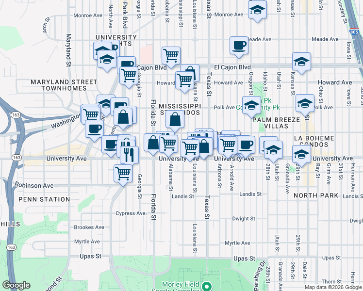 map of restaurants, bars, coffee shops, grocery stores, and more near Mississippi Street in San Diego