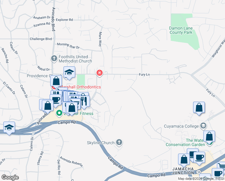 map of restaurants, bars, coffee shops, grocery stores, and more near 3802 Via Escuda in La Mesa