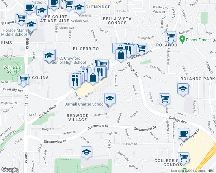 map of restaurants, bars, coffee shops, grocery stores, and more near 3992 60th Street in San Diego