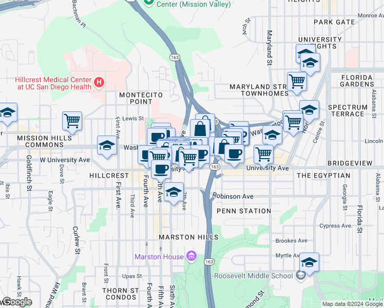 map of restaurants, bars, coffee shops, grocery stores, and more near 3935 7th Avenue in San Diego