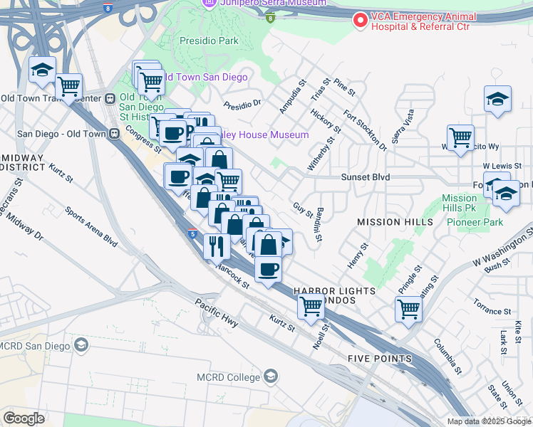 map of restaurants, bars, coffee shops, grocery stores, and more near in San Diego