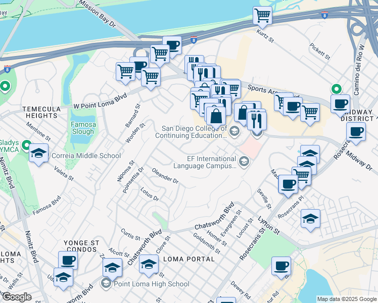map of restaurants, bars, coffee shops, grocery stores, and more near 3656 Leland Street in San Diego