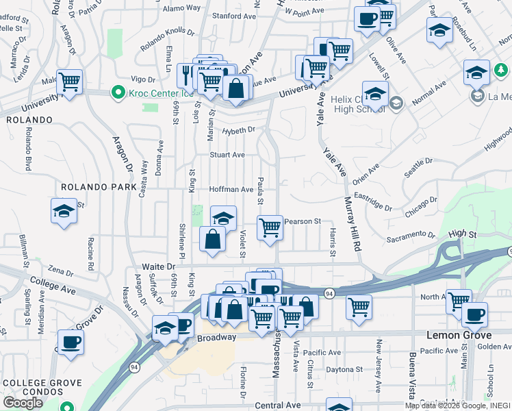 map of restaurants, bars, coffee shops, grocery stores, and more near 3946 Paula Street in La Mesa
