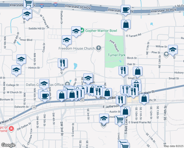 map of restaurants, bars, coffee shops, grocery stores, and more near 328 Fairhavens Place in Grand Prairie