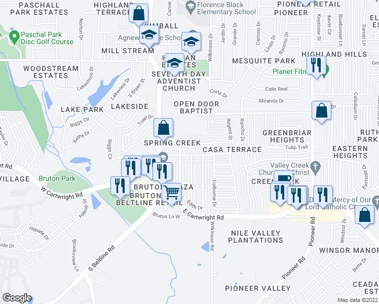 map of restaurants, bars, coffee shops, grocery stores, and more near 215 Running Brook Lane in Mesquite