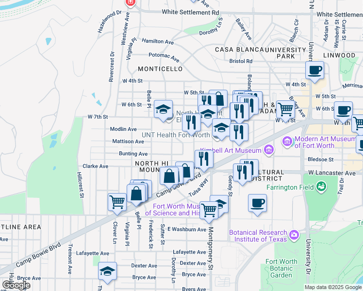 map of restaurants, bars, coffee shops, grocery stores, and more near 3727 Mattison Avenue in Fort Worth