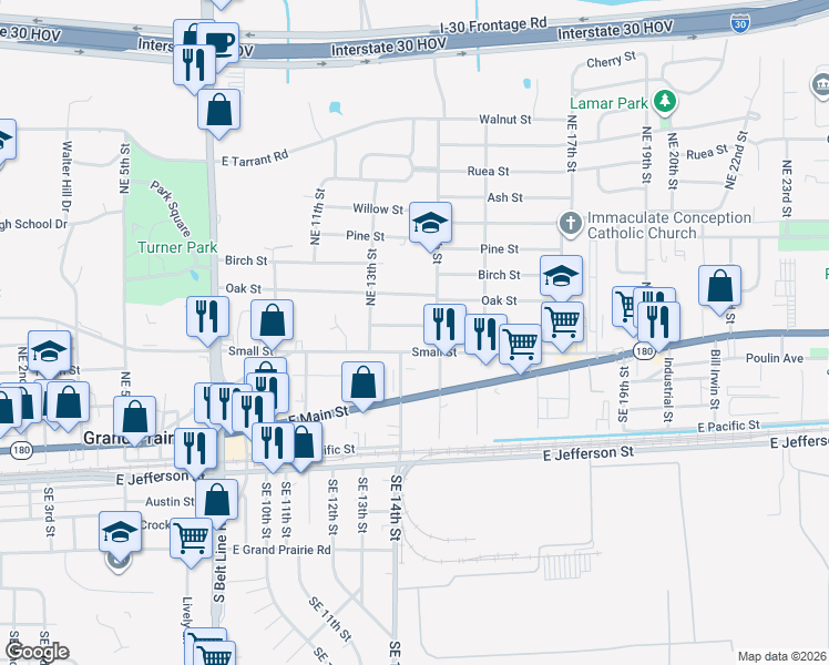 map of restaurants, bars, coffee shops, grocery stores, and more near 1407 Hickory Street in Grand Prairie