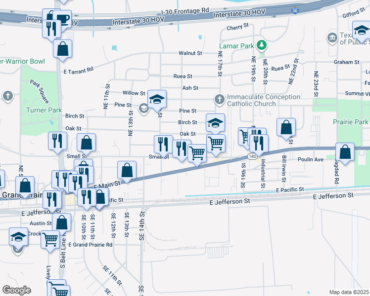 map of restaurants, bars, coffee shops, grocery stores, and more near 1605 Hickory Street in Grand Prairie