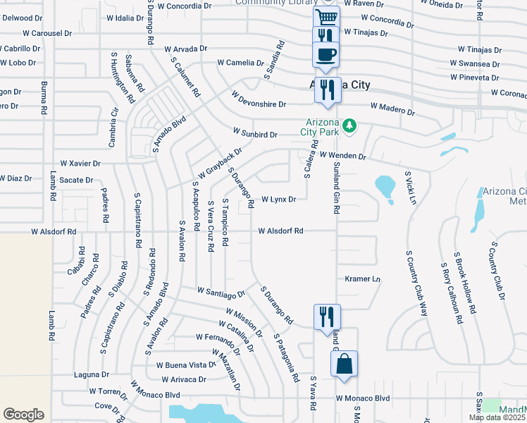 map of restaurants, bars, coffee shops, grocery stores, and more near 10030 West Lynx Drive in Arizona City