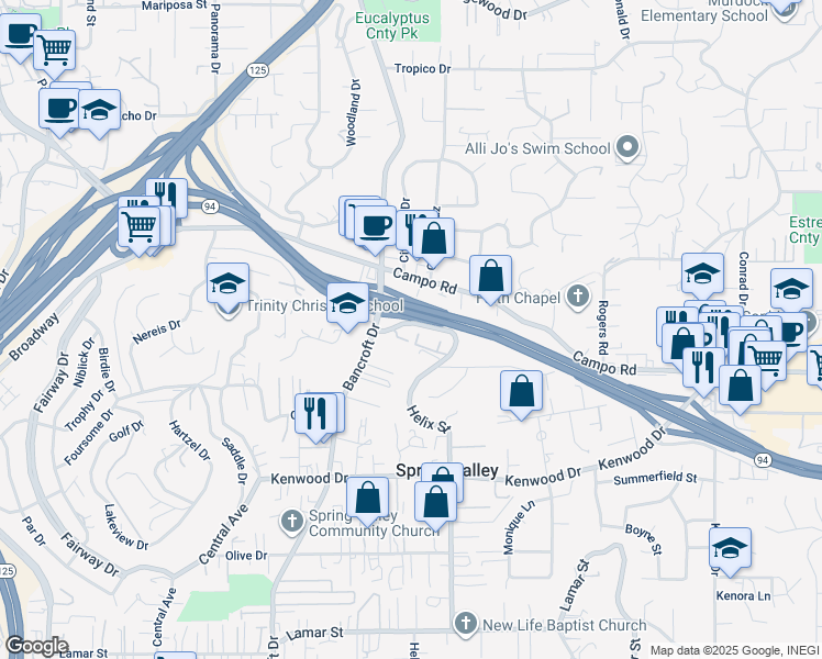 map of restaurants, bars, coffee shops, grocery stores, and more near 4025 Helix Street in Spring Valley