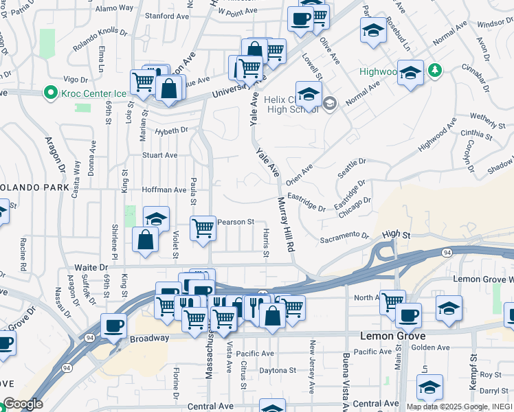 map of restaurants, bars, coffee shops, grocery stores, and more near 3884 Murray Hill Road in La Mesa