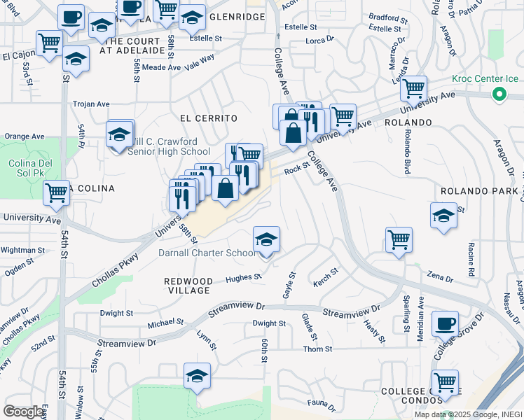 map of restaurants, bars, coffee shops, grocery stores, and more near 3992 60th Street in San Diego