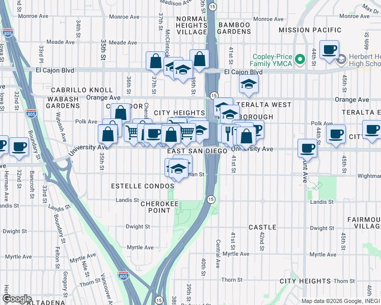 map of restaurants, bars, coffee shops, grocery stores, and more near 3842 University Avenue in San Diego