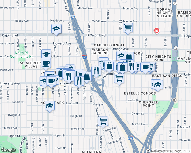 map of restaurants, bars, coffee shops, grocery stores, and more near 3930 Wabash Avenue in San Diego