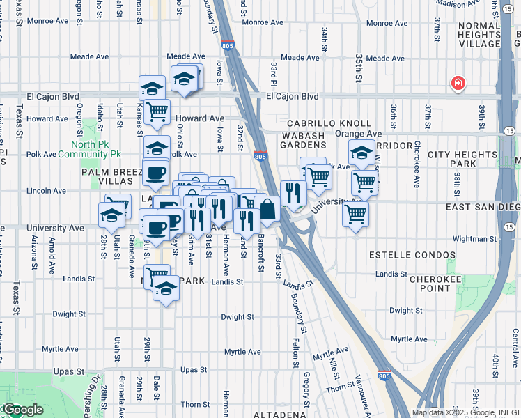 map of restaurants, bars, coffee shops, grocery stores, and more near 3954 Bancroft Street in San Diego