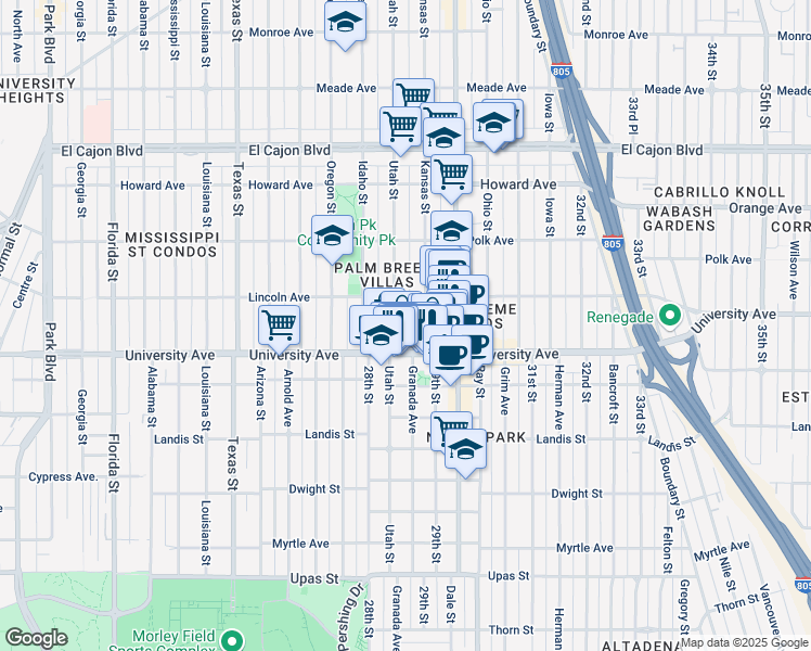 map of restaurants, bars, coffee shops, grocery stores, and more near 3953 Utah Street in San Diego